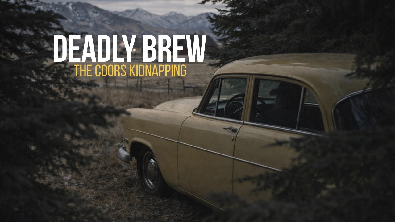 A car in the woods with text reading Deadly Brew The Coors Kidnapping
